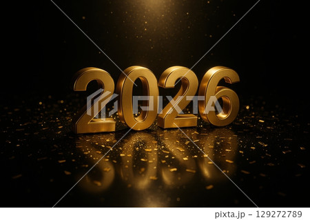 3D Golden 2026 on Glossy Black with Confetti 129272789