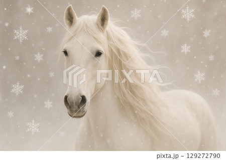 Magical White Horse in Snow with Flowing Mane 129272790