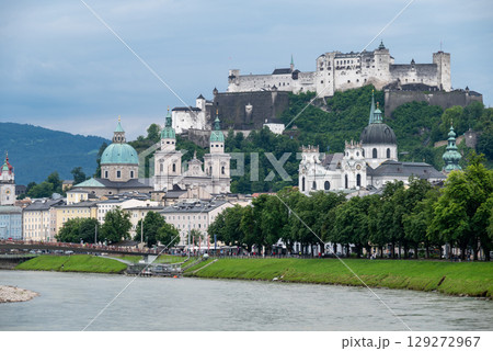 Salzach River and cityscape of Salzburg, birthplace of Mozart in Austria 129272967