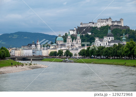 Salzach River and cityscape of Salzburg, birthplace of Mozart in Austria 129272968