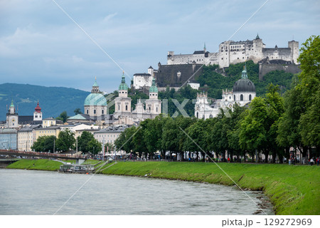 Salzach River and cityscape of Salzburg, birthplace of Mozart in Austria 129272969