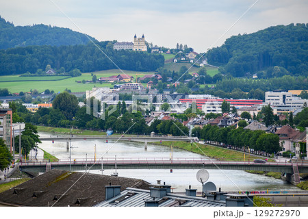 Salzach River and cityscape of Salzburg, birthplace of Mozart in Austria 129272970