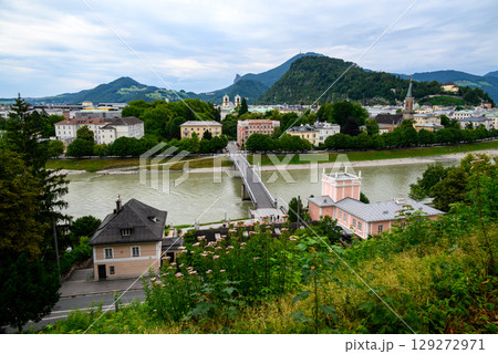Salzach River and cityscape of Salzburg, birthplace of Mozart in Austria 129272971