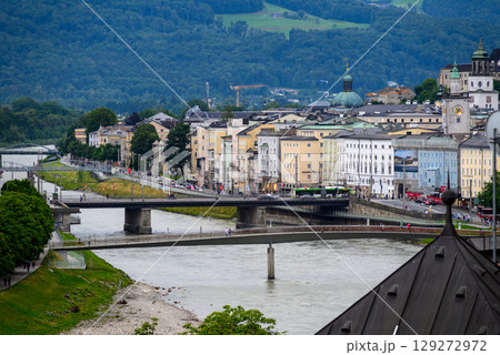 Salzach River and cityscape of Salzburg, birthplace of Mozart in Austria 129272972
