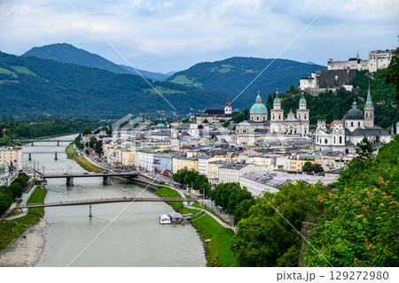 Salzach River and cityscape of Salzburg, birthplace of Mozart in Austria 129272980