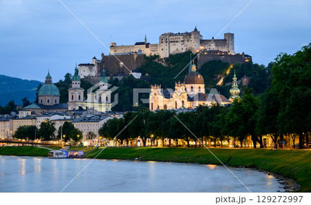 Salzach River and cityscape of Salzburg, birthplace of Mozart in Austria 129272997