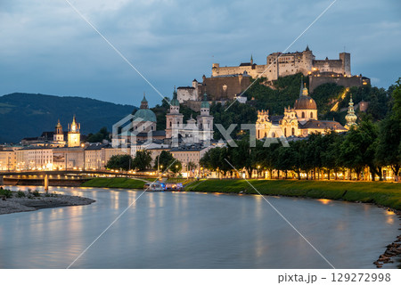 Salzach River and cityscape of Salzburg, birthplace of Mozart in Austria 129272998