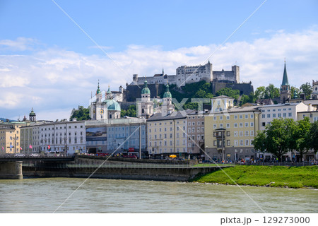 Salzach River and cityscape of Salzburg, birthplace of Mozart in Austria 129273000