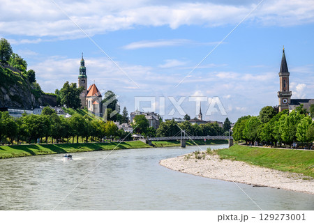 Salzach River and cityscape of Salzburg, birthplace of Mozart in Austria 129273001