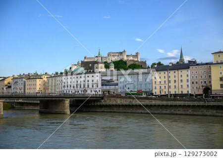 Salzach River and cityscape of Salzburg, birthplace of Mozart in Austria 129273002