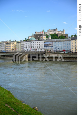 Salzach River and cityscape of Salzburg, birthplace of Mozart in Austria 129273004