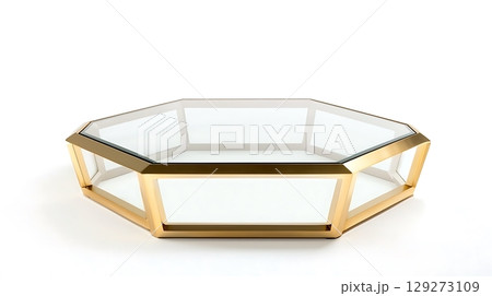 Large, gold colored table with a clear glass top Large, gold colored table with a clear glass top 129273109