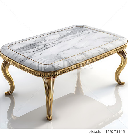 White marble table with gold legs and a gold frame 129273146