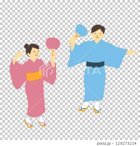 うちわを手にもち、浴衣姿で盆踊りを踊る男女 129273214