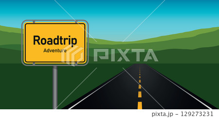 roadtrip adventure asphalt road in green mountains in summer landscape vector illustration 129273231