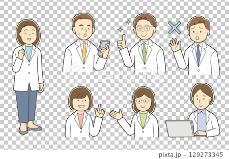 ガッツポーズをした笑顔の女性スタッフの全身と白衣を着た医療スタッフイラストセット 129273345