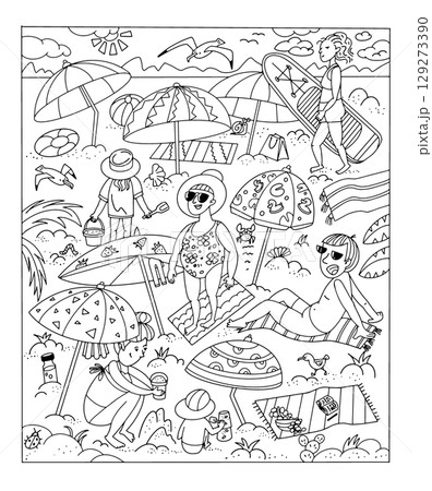 Funny people on beach in summer. Black and white doodle illustration for design and coloring. Outline on white background. Cartoon characters. 129273390