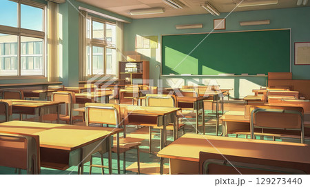 Empty bright school classroom with rows of desks, green board and large windows, lecture room at university 129273440