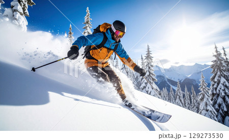 雪山をダイナミックに滑降するスキーヤー　ウィンタースポーツ 129273530