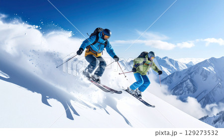 雪山をダイナミックに滑降するスキーヤー　ウィンタースポーツ 129273532
