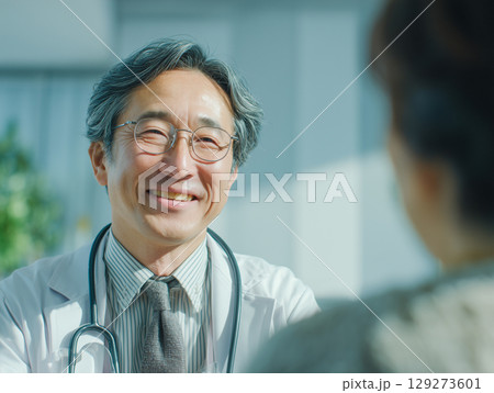 病院での診察の風景。患者さんと会話する医師。 129273601