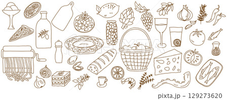 Hand Drawn Mediterranean Food and Drink Sketch Illustration Set Hand Drawn Mediterranean Food and Drink Sketch Illustration Set 129273620