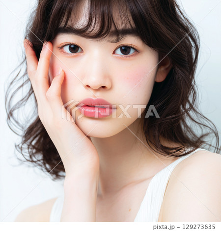 手を頬に添えた若くて肌が綺麗な女性 129273635