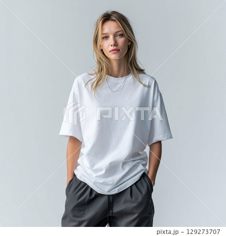 白い無地のTシャツを着た女性モデルのモックアップ用写真 129273707