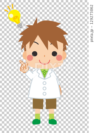アイデアを閃く白衣を着た可愛い男の子のイラスト 全身 人物 ベクター 白背景 アイデアを閃く白衣を着た可愛い男の子のイラスト 全身 人物 ベクター 白背景 129273862