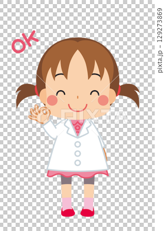 Illustration of a cute girl in a white coat making an OK sign. Full body, person, vector, white background Illustration of a cute girl in a white coat making an OK sign. Full body, person, vector, white background 129273869