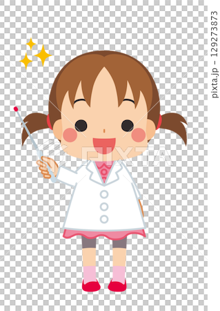 Illustration of a cute girl wearing a white coat holding a pointing stick. Full body. Vector. White background. 129273873