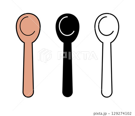 Three artistic spoons in diverse colors: beige, black, and white, showcasing stylish minimalism. 129274102
