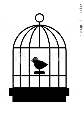 A simple silhouette of a birdcage with a small bird perched inside, conveying themes of captivity and freedom. 129274132