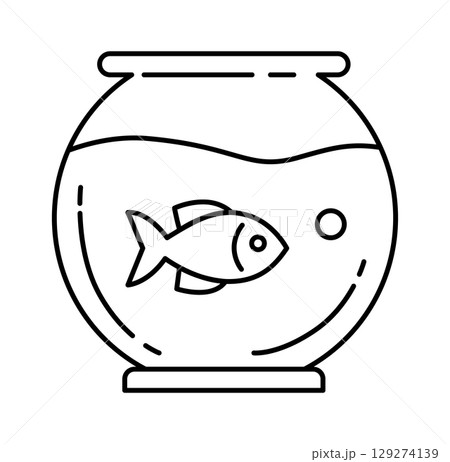 A simple line illustration of a fish swimming in a round glass aquarium. A simple line illustration of a fish swimming in a round glass aquarium. 129274139