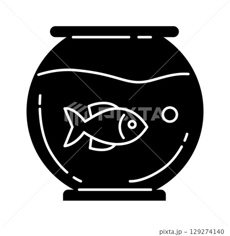 A simple black and white illustration of a fish swimming in a round fishbowl, creating a calming atmosphere. 129274140