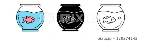 Three fishbowls showcasing a pink fish, a black fish, and an outline version against a minimalist background. 129274142