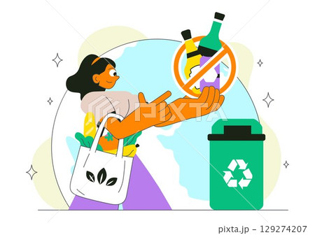 Eco Habit Illustration Featuring People Sorting Waste, Using Eco Bags, and Reusable Cups for Zero Waste and Sustainable Living in a Lifestyle Theme 129274207