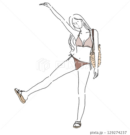 元気なポーズをするビキニ姿の女性のイラスト（夏・ビーチ・バカンス） 129274237