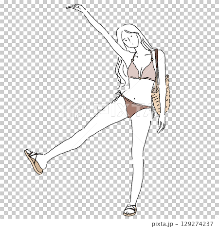元気なポーズをするビキニ姿の女性のイラスト（夏・ビーチ・バカンス） 129274237