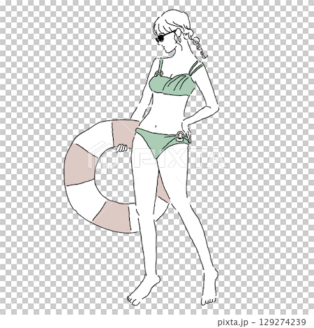 Illustration of a woman in a bikini holding a swim ring (summer, sea, pool) Illustration of a woman in a bikini holding a swim ring (summer, sea, pool) 129274239