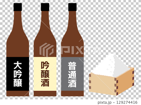 Various types of sake bottles and rice in a masu box Various types of sake bottles and rice in a masu box 129274416