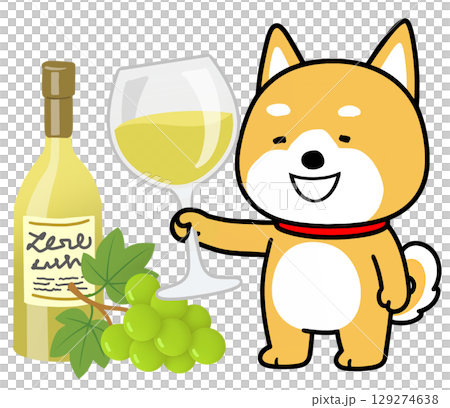 柴犬用一杯白酒和葡萄敬酒 129274638