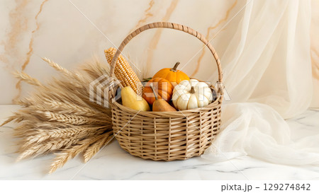 Harvest basket filled with fruits and vegetables on a marble surface Harvest basket filled with fruits and vegetables on a marble surface 129274842