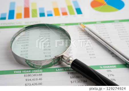 Magnifying glass on charts graphs paper. Financial development, Banking Account, Statistic, Investment Analytic research data economy. 129274924