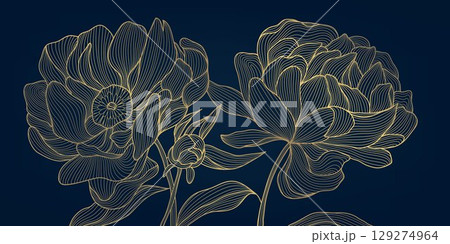 Vector golden peonies flowers, luxury line japanese style floral background, wedding oriental pattern. Art deco vintage drawing, elegant bloom print. Vector golden peonies flowers, luxury line japanese style floral background, wedding oriental pattern. Art deco vintage drawing, elegant bloom print. 129274964