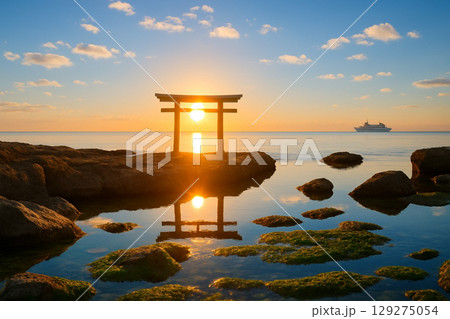 海の鳥居と神磯　大洗磯前神社 129275054