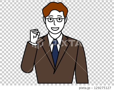 A man wearing glasses and a brown suit clenching his fist. 129275127