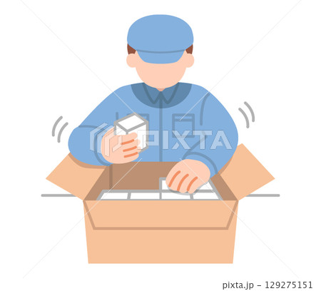 ダンボールに箱詰めする作業着姿の男性 ダンボールに箱詰めする作業着姿の男性 129275151