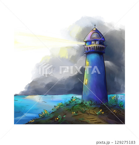 Blue lighthouse casting a bright beam of light across a stormy sea illustration Blue lighthouse casting a bright beam of light across a stormy sea illustration 129275183