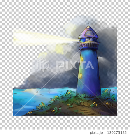 Blue lighthouse casting a bright beam of light across a stormy sea illustration 129275183